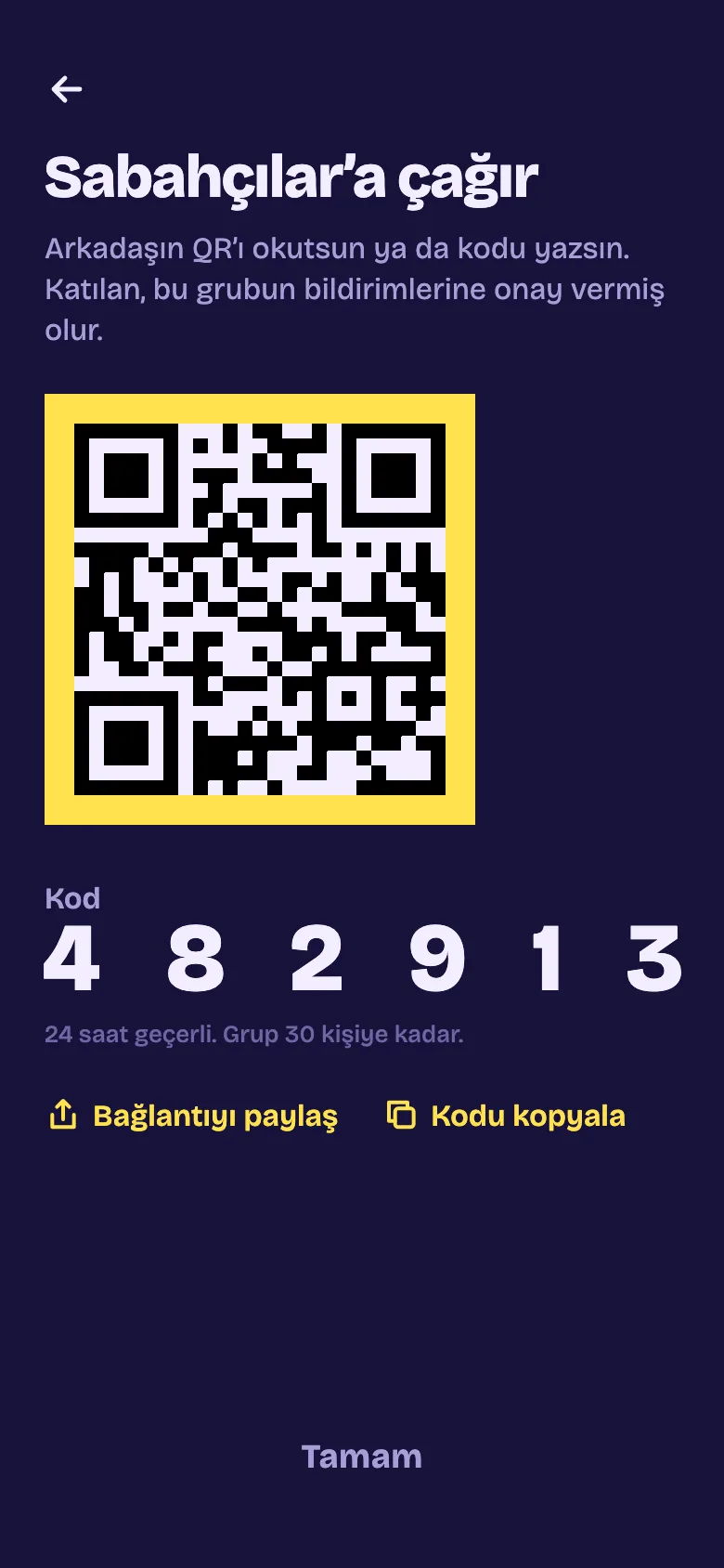 Gruba QR kod ve 482913 altı haneli koduyla arkadaş davet etme.