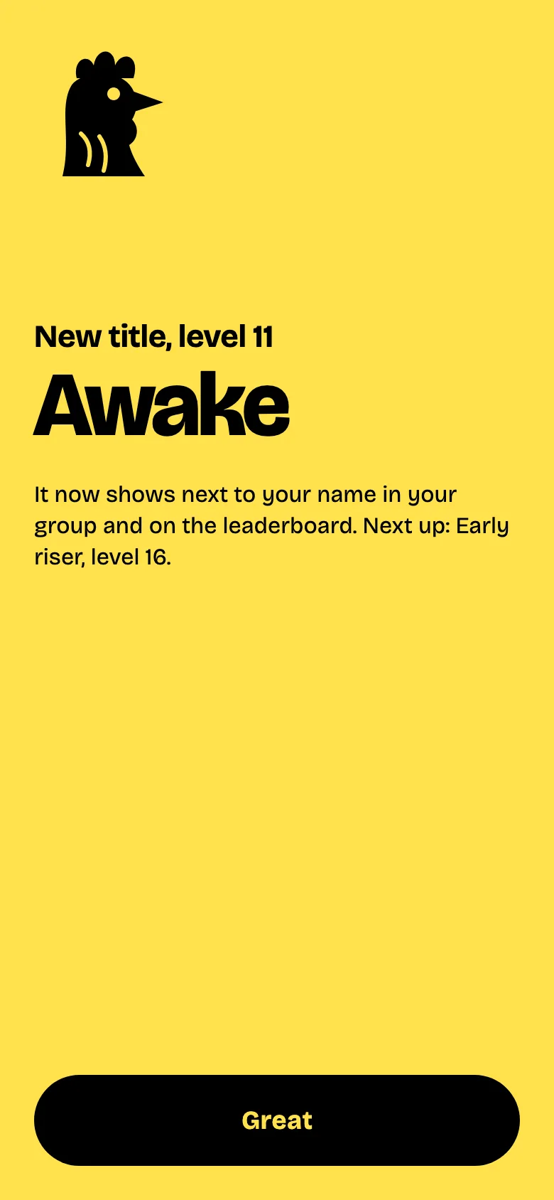 A level-up screen announcing the new title Awake at level 11.